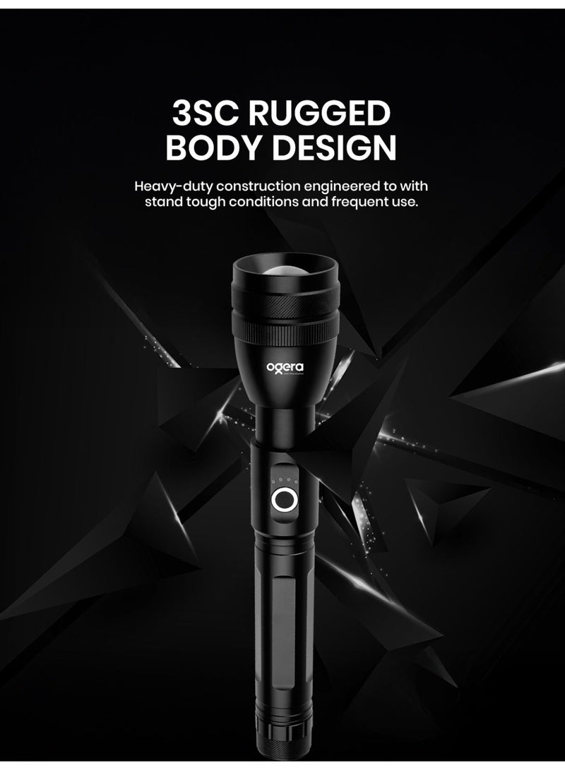 أوجيرا كشاف LED قابل لإعادة الشحن | كشاف تكتيكي فائق السطوع | سطوع عالي | بطارية 3SC طويلة العمر | شعاع قابل للتكبير | مقاوم للماء | مثالي للتخييم والمشي والمنزل وحالات الطوارئ | ضمان سنتين | OG1002SL | أسود - Image 3